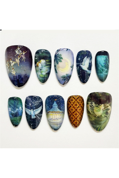 Choice Y11 24pcs Gradient Black False Nails Cute Cartoon Cat's Eye Forest Elf...