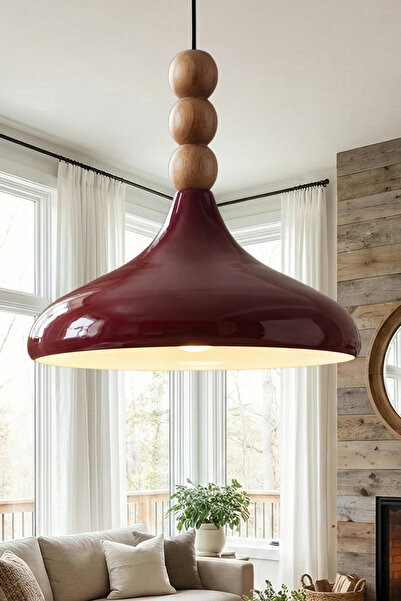 Marrien Nova Bohem Ahşap 3 Boncuklu Bordo Metal Sarkıt (35 cm) Yemek Masası Ü...