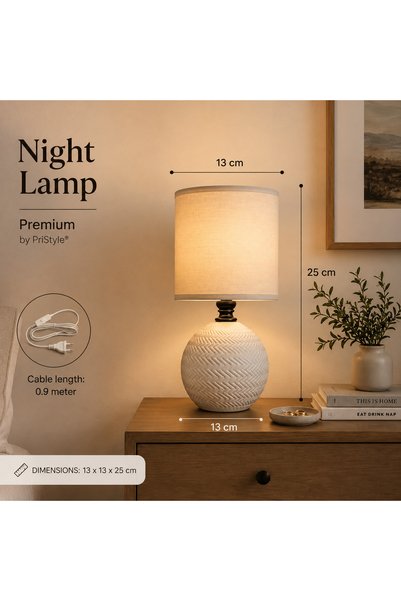 PriStyle Lampa de Masa Decorativa pentru Dormitor si Living, 13x13x25 cm, Veioza Eleganta cu Abajur Textil, Baza Ceramica Rotunda, Soclu E14, Alimentare 220–240V, 50/60Hz, Putere Maxima 40W, PriStyle®