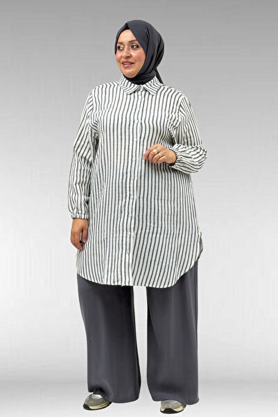 Eslina 68051 Large Size Men's Collared Shirt with Elastic Sleeves - Striped N...