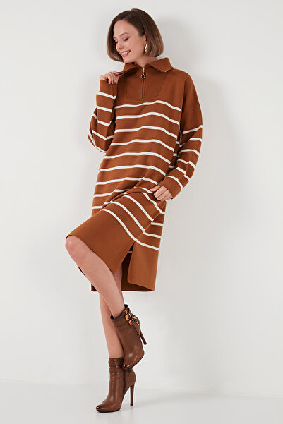 Lela Striped Half-Zip Slit Knitwear Dress Dress 4615183