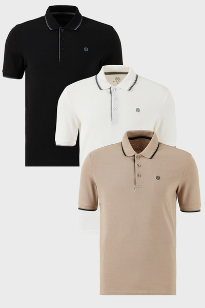 Buratti Cotton Regular Fit Stripe Detailed Buttoned Polo Collar 3-Pack t Shir...