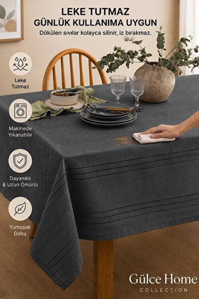 Gülce Home Collection Keten Çizgili Masa Örtüsü Antik Füme