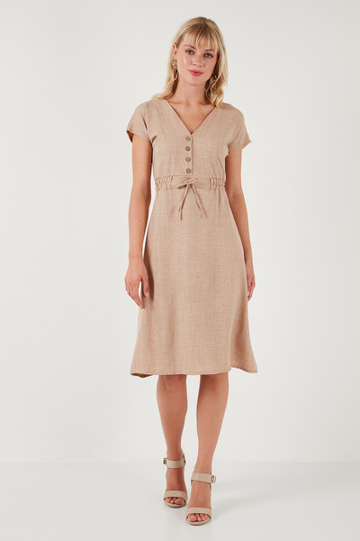 Lela Önü Düğmeli V Yaka Regular Fit Kısa Kollu Midi Elbise ELBİSE 5865747