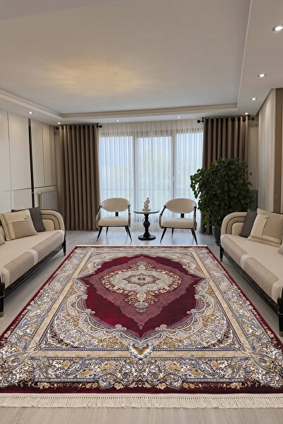 Cool Halı Zerabi Kırmızı Klasik Salon Halısı Çerçeveli Göbekli Parlak Dokuma ...