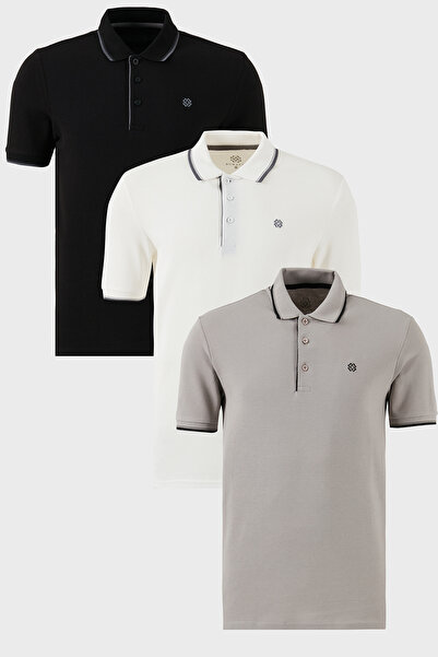 Buratti Cotton Regular Fit Stripe Detailed Buttoned Polo Collar 3-Pack t Shir...