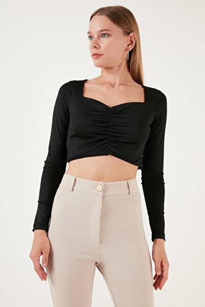 Lela Slim Fit Sweetheart λαιμόκοψη μπροστινή μαζεμένη μπλούζα Crop BLUZ 5865401