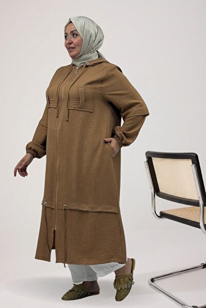 Eslina 63012 Large Size Hooded Melange Linen Cap with Elastic Sleeves - Tan