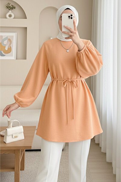 Modamorfo Round Neck Tie-Waist Balloon Sleeve Tunic -Orange