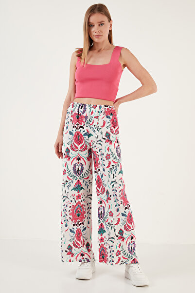 Lela Patterned Elastic Waist Wide Leg Relaxed Cut Trousers Trousers 5865217