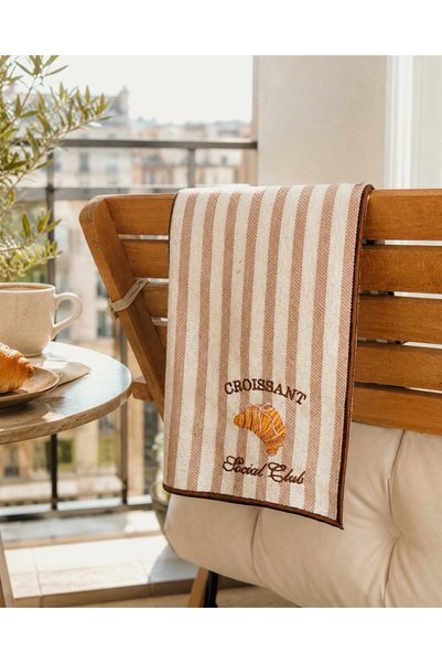 LİONYA DESİGN Croissant Embroidered Decorative Hand Towel – 100% Cotton, Striped Linen Texture (30X45 cm) – 1 Piece