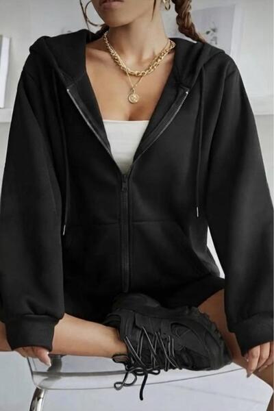 NO 601 Women's Black Full Zipper Hooded Seasonal Cardigan