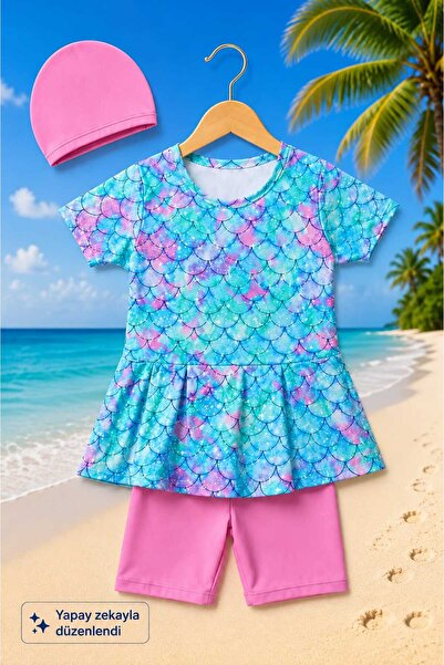 My Kids Wear Girl's Patterned Shorts and Bonnet Swimsuit Set 12870