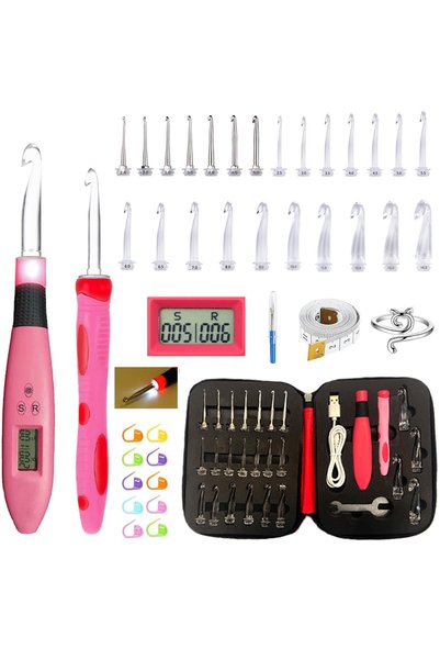 Choice1 مجموعة إبر كروشيه حمراء مكونة من 24 مقاسًا مع إضاءة LED وعداد غرز وصف...