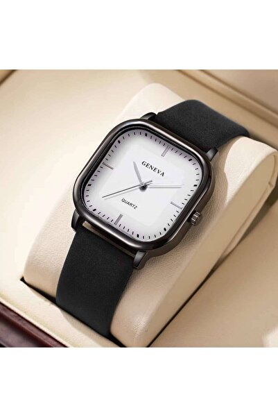 Geneva Black White No Box Fashion Square Minimalist Men's Quartz Watch Casual...