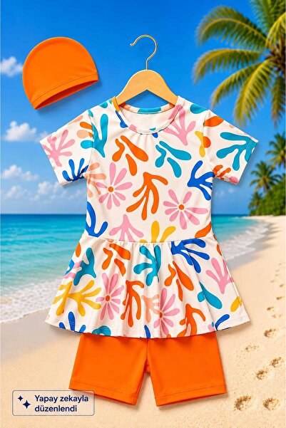 My Kids Wear Girl's Patterned Shorts and Bonnet Swimsuit Set 12873