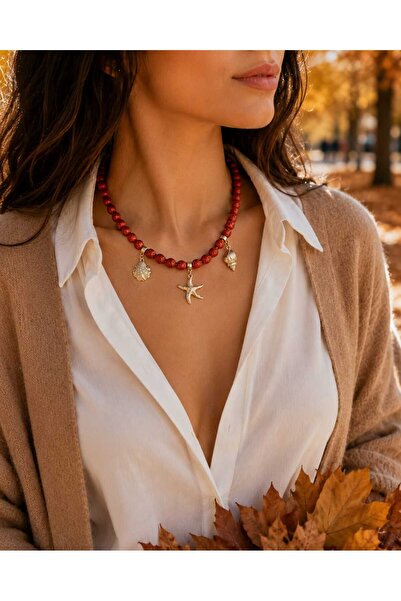 Sinem Şanlı Atelier Coral Red Lava Stone Necklace with Sea-Themed Charm Detail