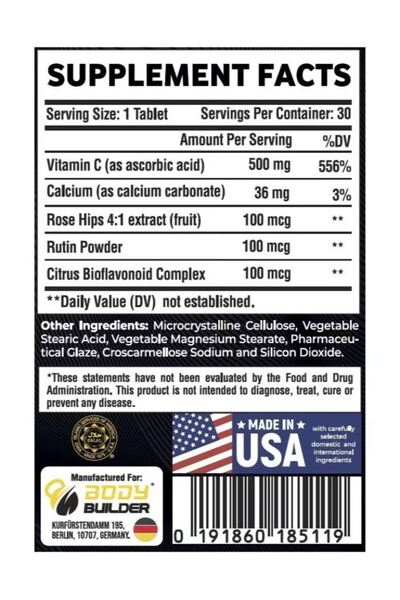 Body Builder Vitamin C, 500 mg, 30 Tablets High Vitamin C Supplement with Rose Hips | Daily Antioxidant & Immune Support
