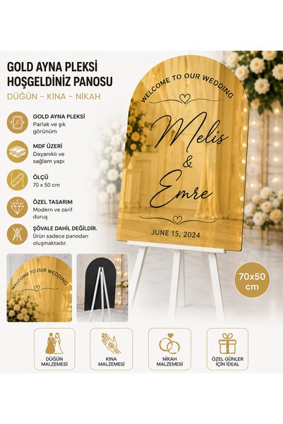 Kurtulan Lazer Tasarım Düğün & Nişan Lüks Gold Pleksi Aynalı Siyah Yazılı Karşılama Panosu 70x50