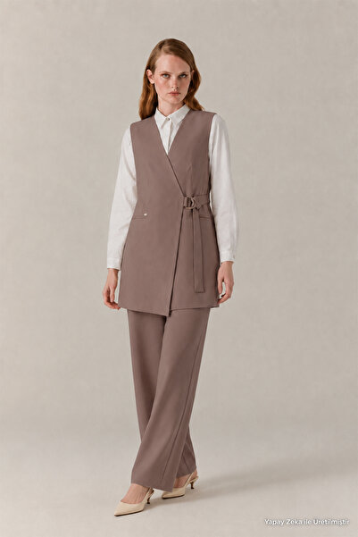 Zühre Sleeveless Double-Breasted Collar Belted Stylish Form Mink Suit 1752
