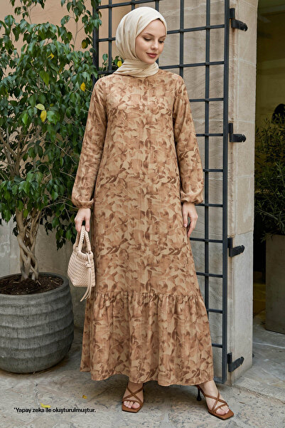 InStyle Lilyum Desenli Gofre Elbise - Kahverengi