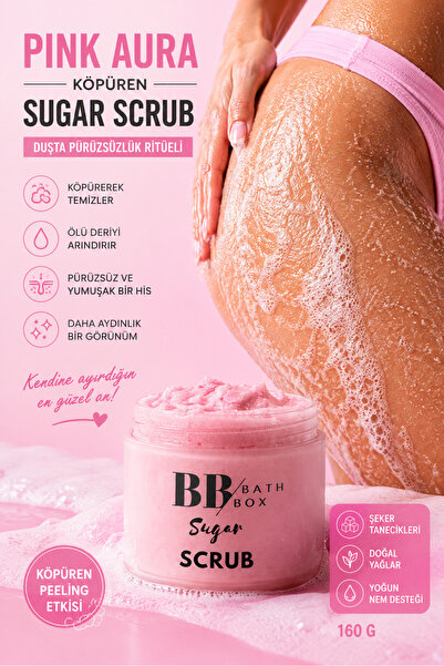 bb bath box Pink Aura Köpüren Sugar Scrub, Organik Doğal Şeker Peelingi, Arın...
