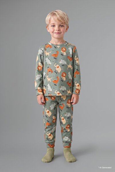 DeFacto Printed Long Sleeve Top Elasticized Leg Bottom 2-Piece Pajama Set Bab...