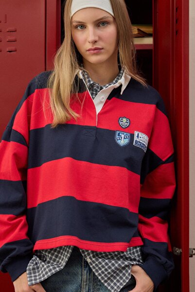 DeFacto Loose Fıt Polo Yaka Renk Bloklu Nakışlı Sweatshirt H9944AX26AU
