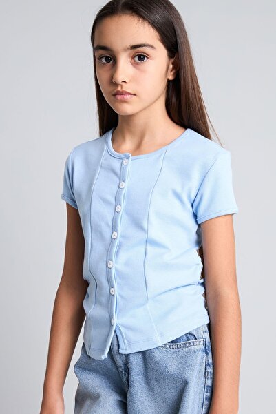 DeFacto Cotton Crew Neck Button Ribbed Short Sleeve T-Shirt Girl Child H9612A...