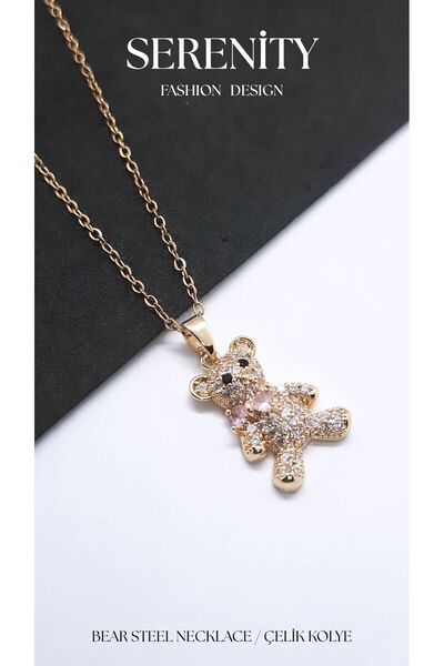 Serenity Plush Bear Figured Zircon Stone Steel Necklace