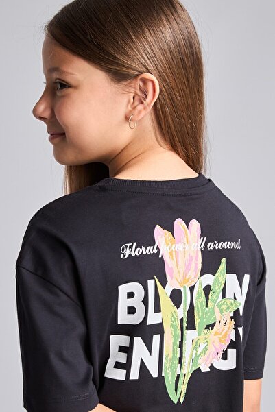 DeFacto 100% Cotton Short Sleeve Anthracite Back Printed Floral T-Shirt Girls...