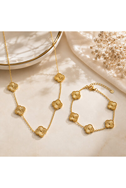Inure Jewelry Valuable Gold Yonca Model Kadın Çelik (KOLYE & BİLEKLİK) 2'li Set
