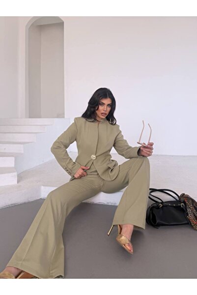 ZF BUTİK Kadın Blazer Ceket Takım Haki Gold Düğmeli