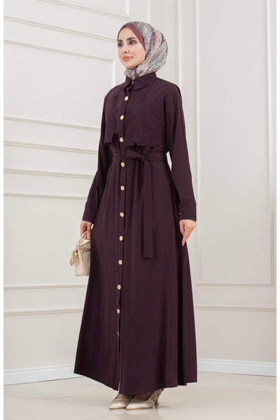 Sevitli Guipure Detailed Dress-Mürdüm