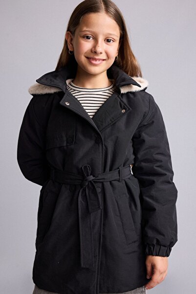 DeFacto Warm Hooded Faux Fur Lined Snap Closure Lightweight Long Raincoat Gir...