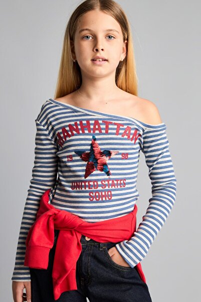 DeFacto Fitted Boat Neck Printed Ribbed Long Sleeve T-Shirt Girls I1895A826Au