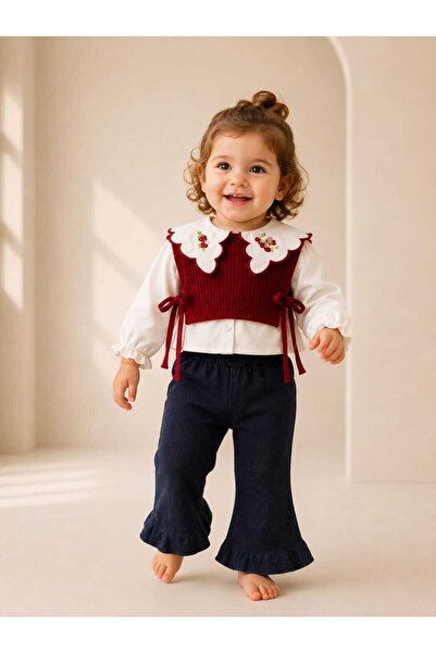 LİLİYUM Girl's Strawberry Teddy Bear Embroidered 4-Piece Set Knitwear Sweater...