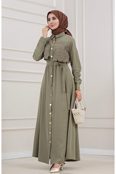 Sevitli Guipure Detailed Dress-Khaki