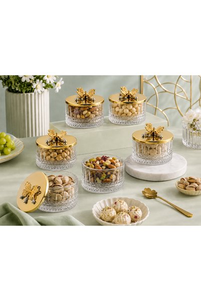 Fiyakalı Ürünler Atölyesi 6-Piece Gold Covered Glass Dessert, Ice Cream, Snack, Jam, Dowry, Presentation Bowl Set