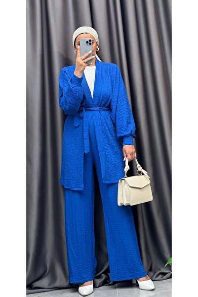 NİSUM MODA Seersucker Textured Belted Cardigan and Pants Double Set