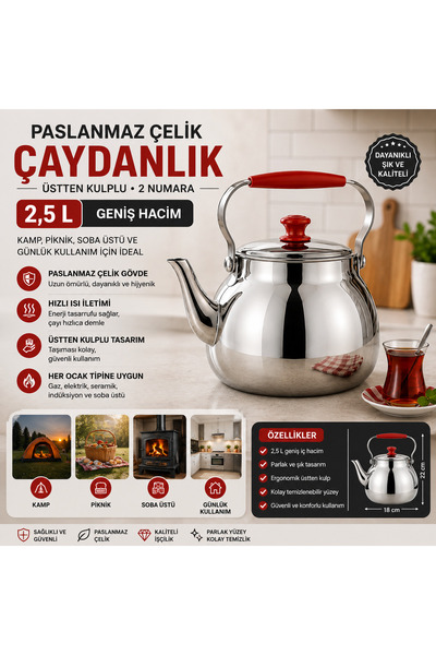 Metler Paslanmaz Çelik Üstten Kulplu Kamp,Piknik,Soba Üstü,Çaydanlık Tek Çayd...
