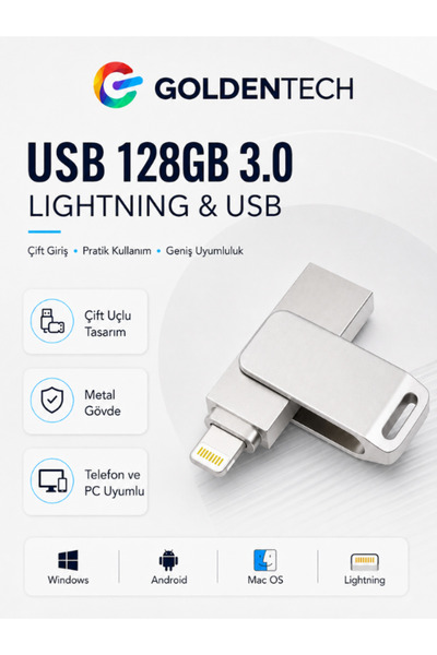 Golden Tech 128 GB 3.0 OTG Flash Bellek Iphone - Pc Uyumlu Otg Flash Usb Data...