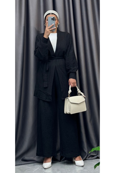 NİSUM MODA Seersucker Textured Belted Cardigan and Pants Double Set