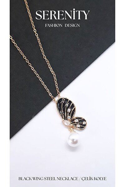 Serenity Black Enamel Pearl Butterfly Steel Necklace