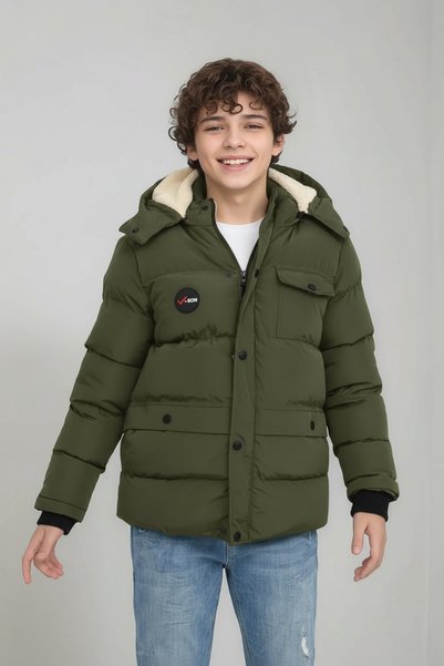 TheJOJODesign Boys' Winter Fleece Lined Thick Fiber Padded Waterproof Hooded Khaki Coat