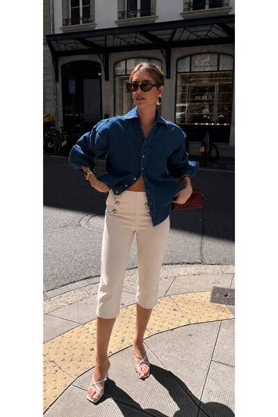 VERYMODA Pantaloni casual cu buzunare L și nasturi decorativi - Piatră deschi...