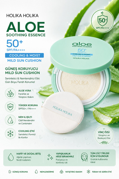 Holika Holika Aloe Mild Sun Cushion Spf50 Pa - Aloe Vera Içerikli Soğutma Öze...