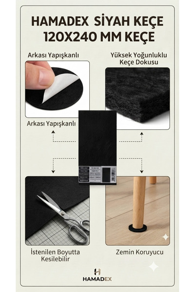 HAMADEX Yapışkanlı Keçe Mobilya Zemin Koruyucu Ses Önleyici Keçe- 120*240(4 R...