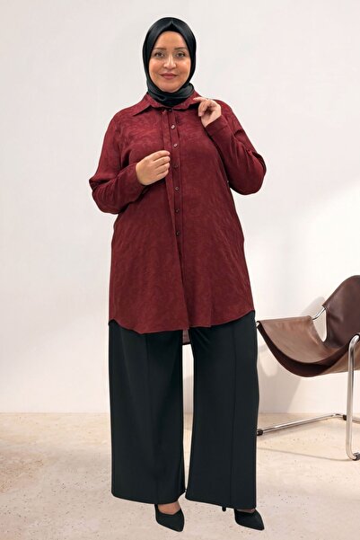 Eslina 68065 Large Size Men's Collared Jacquard Strawberry Shirt - Burgundy