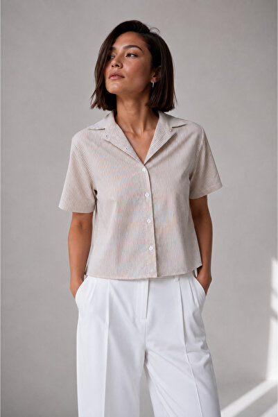 DI LORIA Women's Beige Striped Short Sleeve Shirt with Back Slit Detail